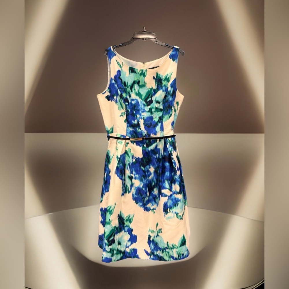 Jessica Howard Floral Midi Dress in Blue & Green w/Black Accent Belt-12-EUC
